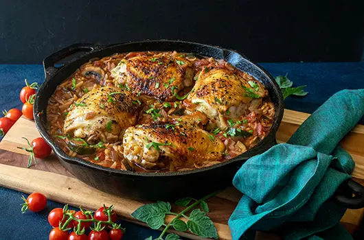 Italian Chicken and Orzo In A Cast Iron Skillet