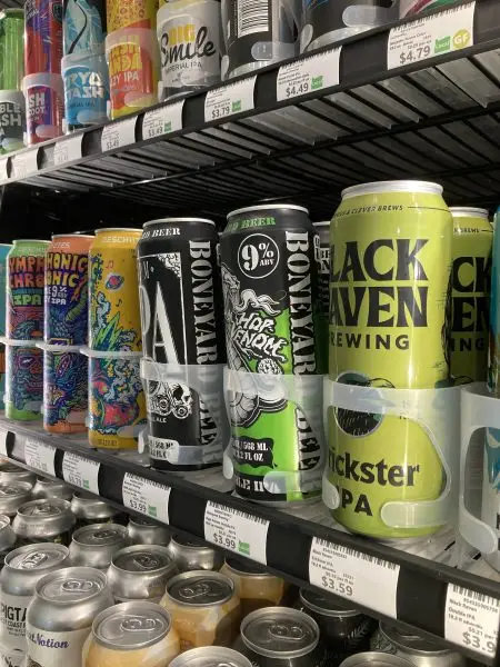 A selection of individual beer cans in the new LifeSource Beer Cooler. Include Boneyard Brewing, Black Raven Brewing, Great Nation, Grand Fir, and Hetty Alice