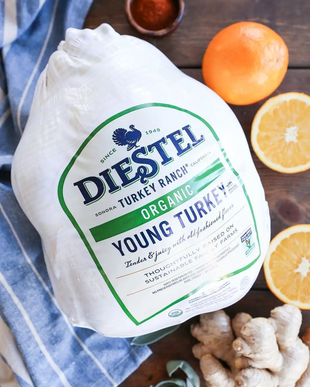 Diestel Turkey Ranch, Sonora California since 1949. Organic Young Turkey with giblets. Tender and juicy with old fashioned flavor. Thoughtfully raised on sustainable family farms. 100% vegetarian fed, raised without antibiotics, no preservatives or artificial ingredients, minimally processed. Pure turkey, no sulfites.