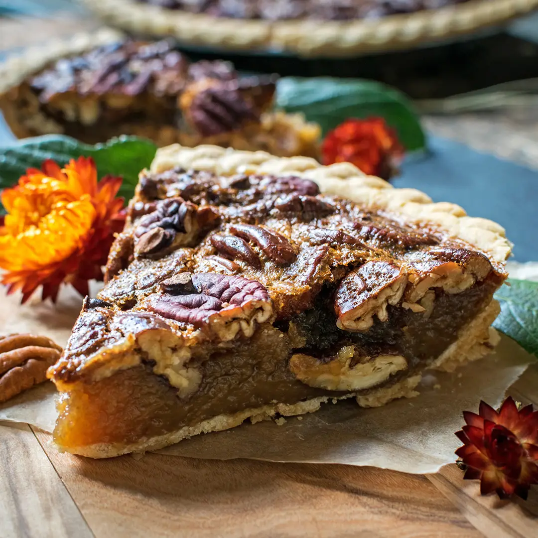LifeSource Kitchen Fresh Baked Pecan pie with traditional wheat crust.