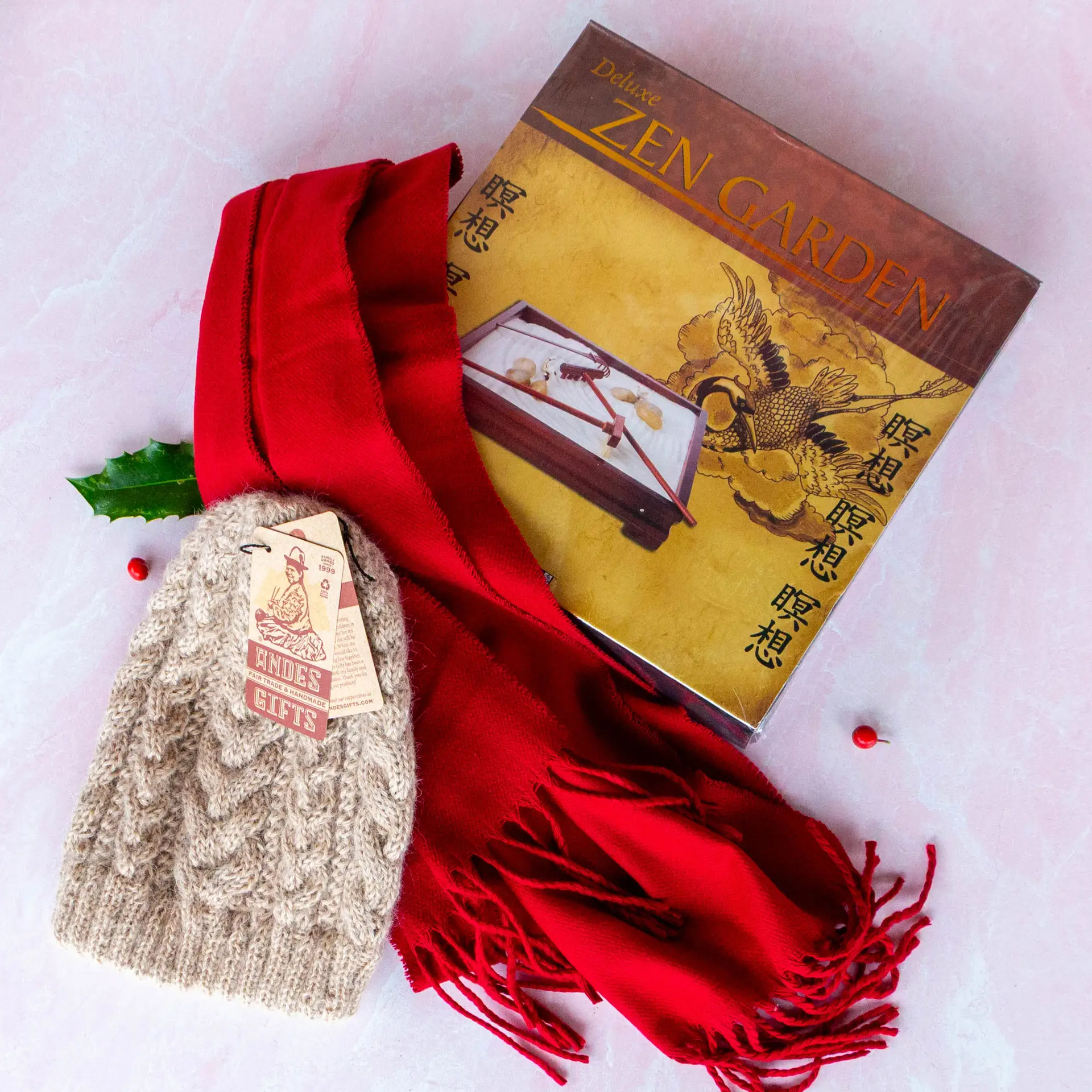 Deluxe Zen Garden kit, Seattle Silver cashmere scarf, Andes Gifts Fair trade knit wool scarf.