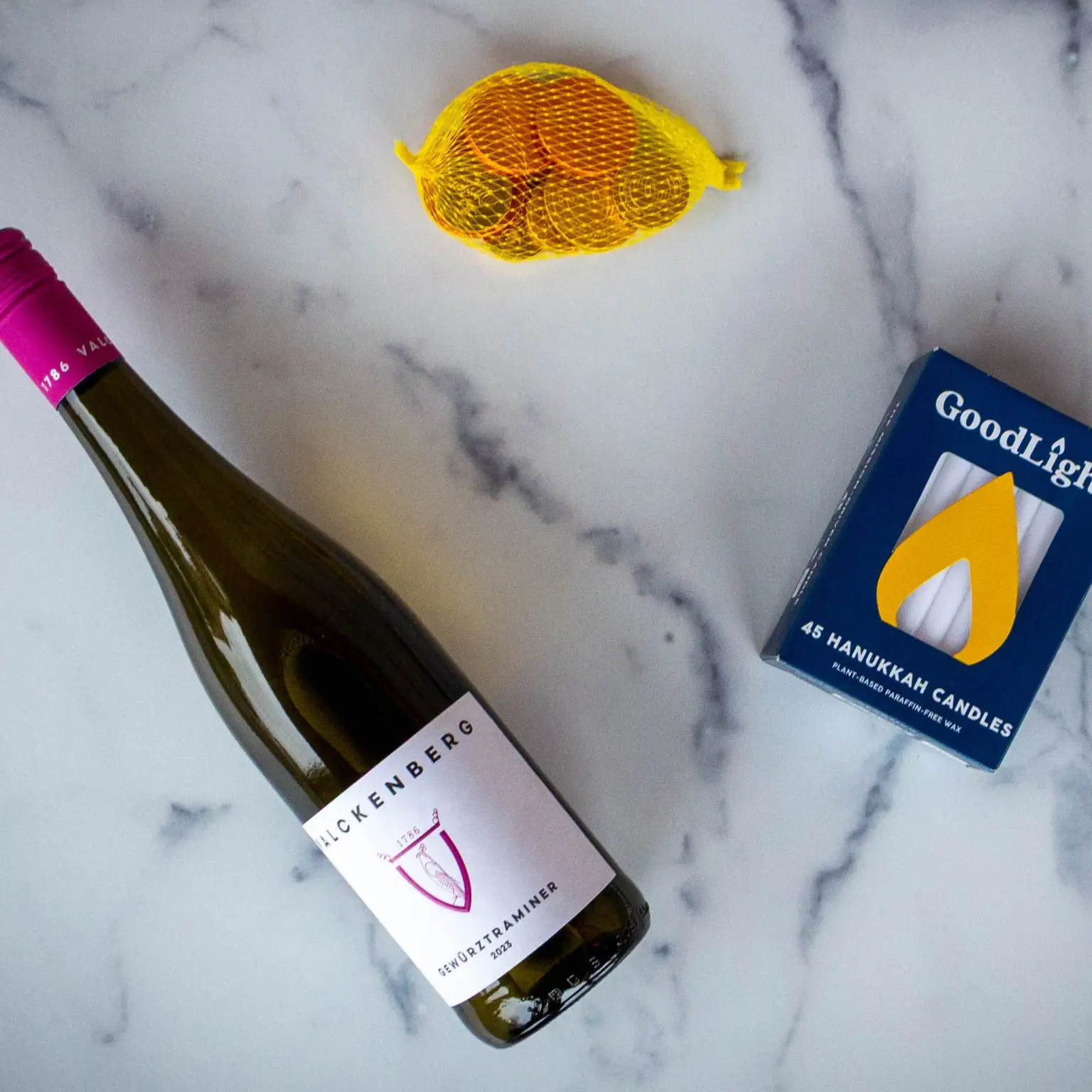 Valckenberg Gewurztraminer 2023, Gelt, Goodlight 45 Hanukkah Candles, plant based paraffin free wax