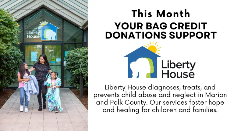 Image of a woman and young children in front of a doorway with text that reads "This month your bag credit donations support Liberty House."