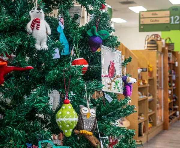 Christmas tree at LifeSource natural foods with fair trade felt ornaments