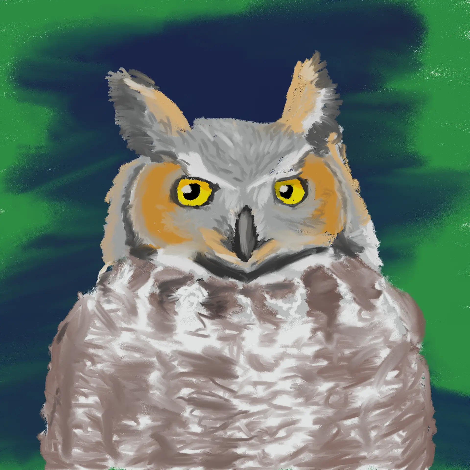 Digital painting of great horned owl to celebrate SuperbOwl Sunday