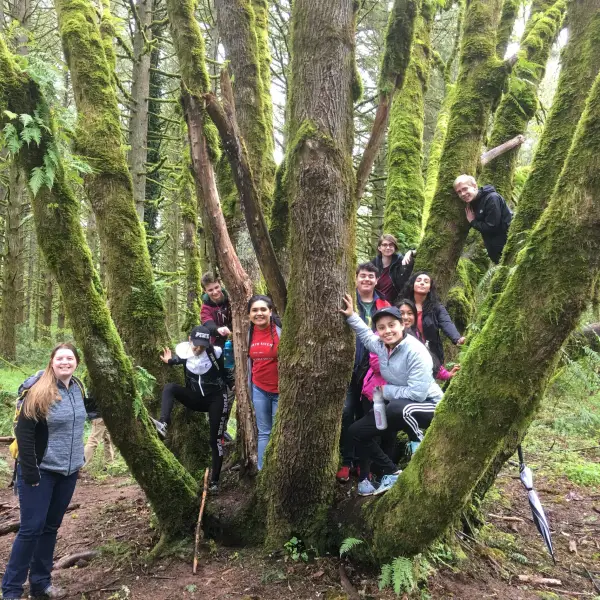 A group of smiling teens stand together on a giant tree.