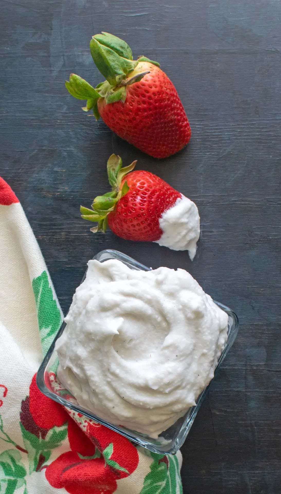 Strawberries dipped in homemade vegan coconut whipped cream
