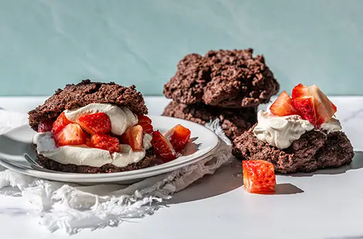 Vegan chocolate strawberry shortcake with coconut whipped cream