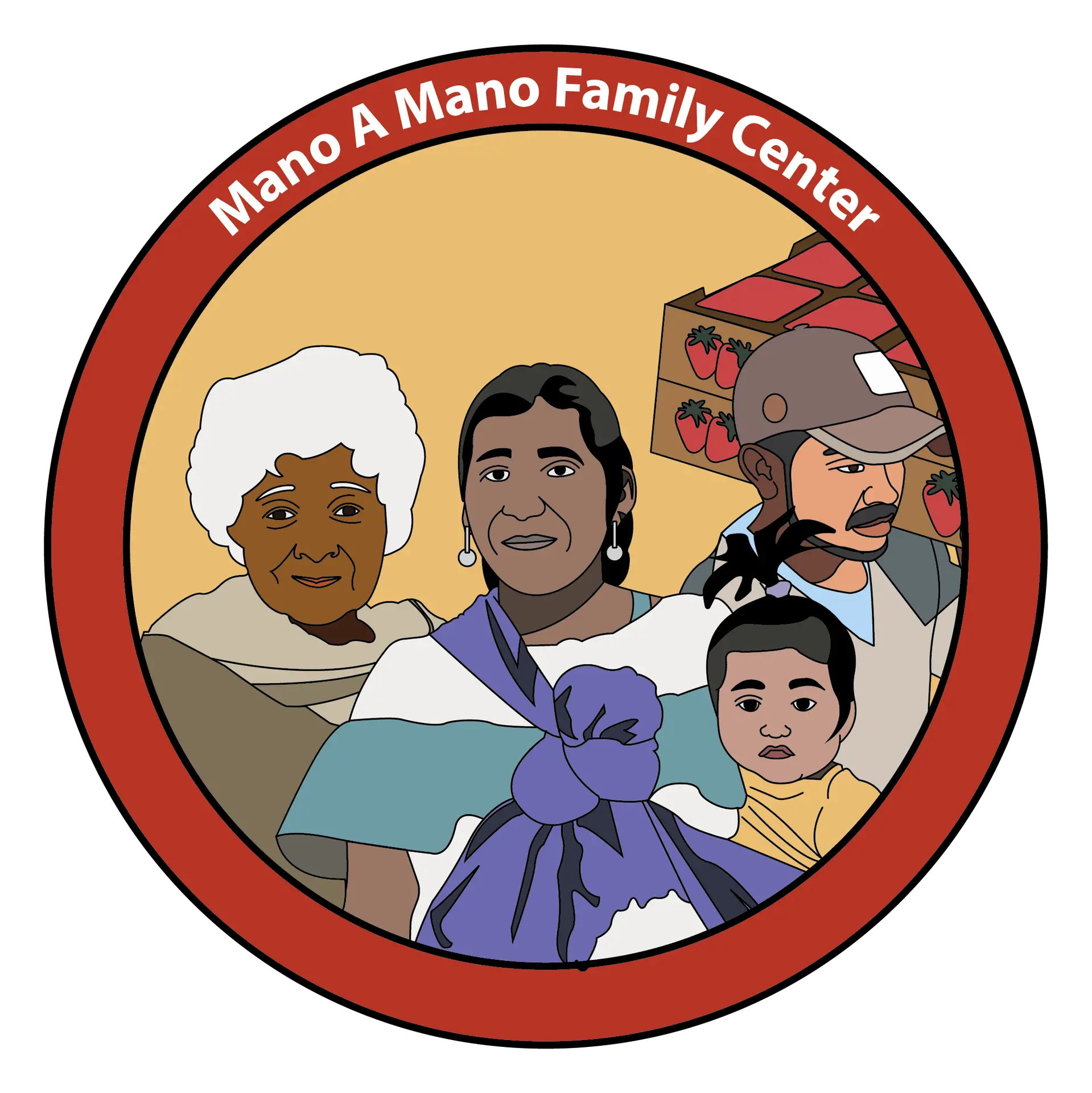 Mano a Mano Family Center illustration featuring multiple generations of a family, produce boxes, and a tied fabric bundle.